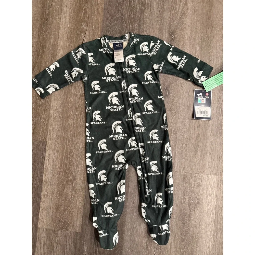 NWT Michigan State Spartans Kids Green Flannel Union Suit Sleeper 12 Months